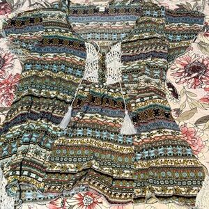 World Unity Crochet-Trim Boho Printed Blouse in Multi-Color